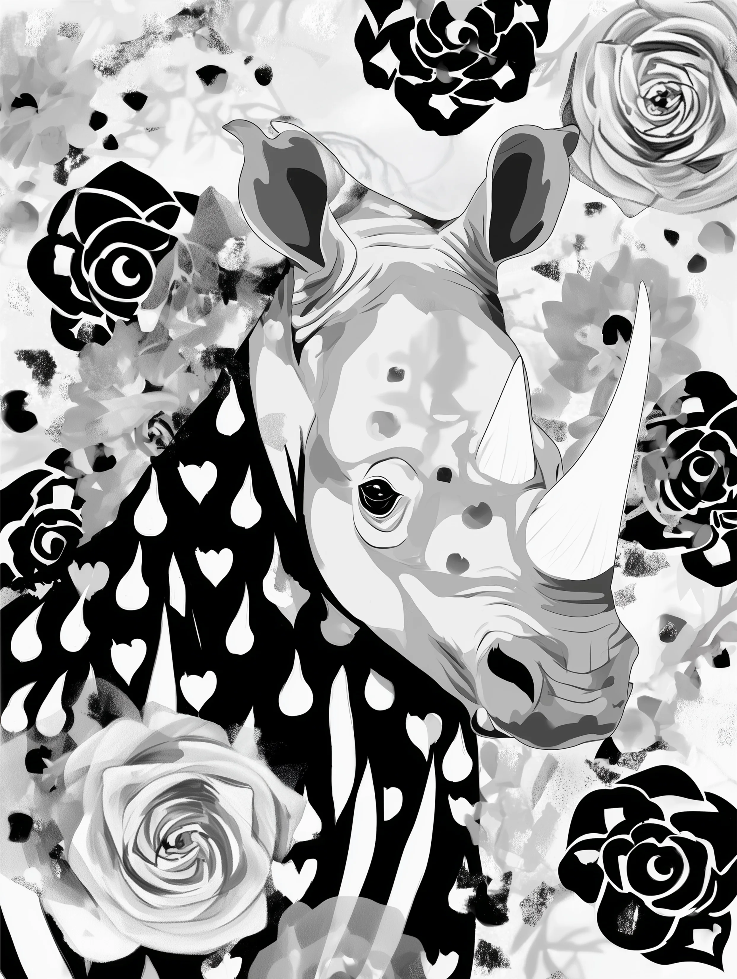 Free printable rhino coloring pages for adults featuring long grass blades near rhino